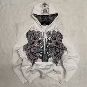 White Graphic Zip-Up Hoodie Sweatshirt